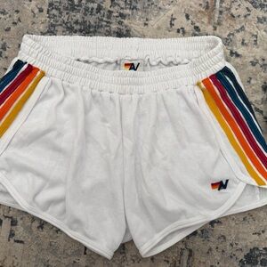 Aviator Nation White Athletic Shorts with Rainbow Stripes